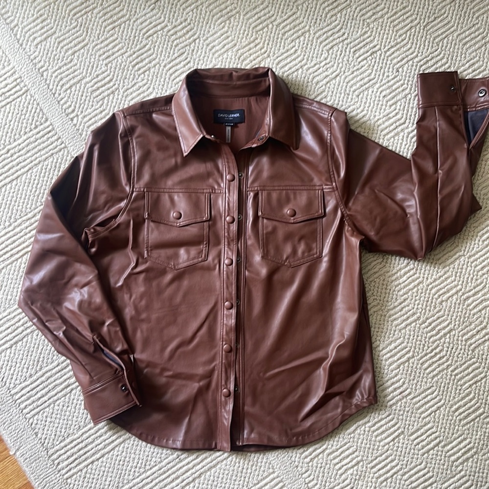 David Lerner fitted brown faux leather shirt.